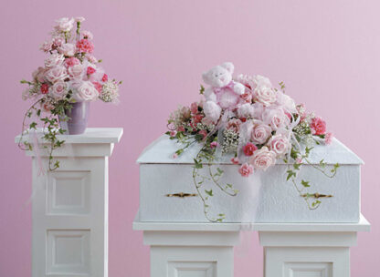 Pink Infant Casket Spray with Plush Animal