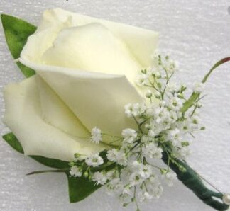 Single White Rose Boutonniere <br><span class="local-delivery-disclaimer" style="text-decoration: none; font-size: 0.5em; color: #FF0000;">• Local Delivery Only</span>